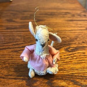 Annalee toy mouse ornament in pink dress. Stuffed hand-made vintage collectible